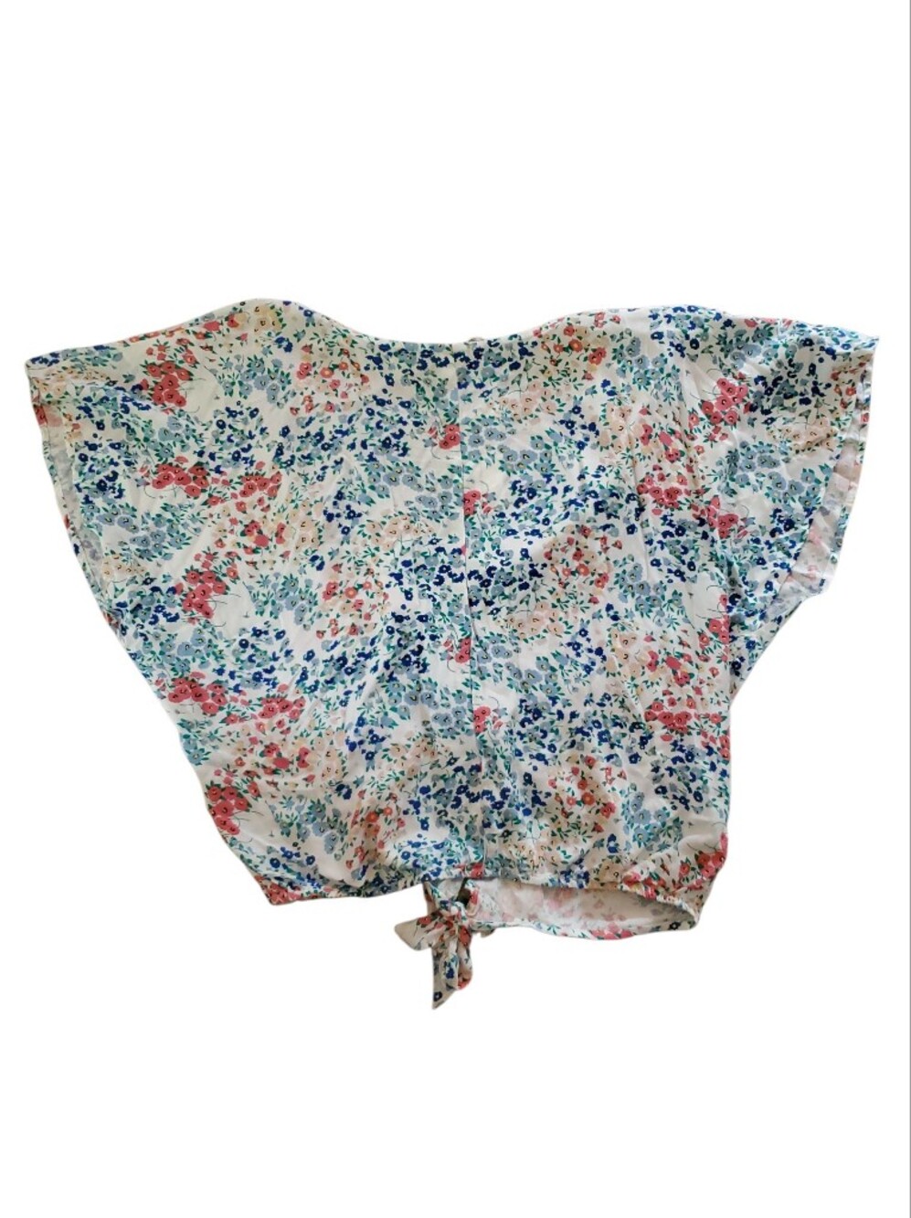Sim & Sam Floral Tie V-neck Blouse - White with Blue & Pink Flowers Size Large - Picture 3 of 8